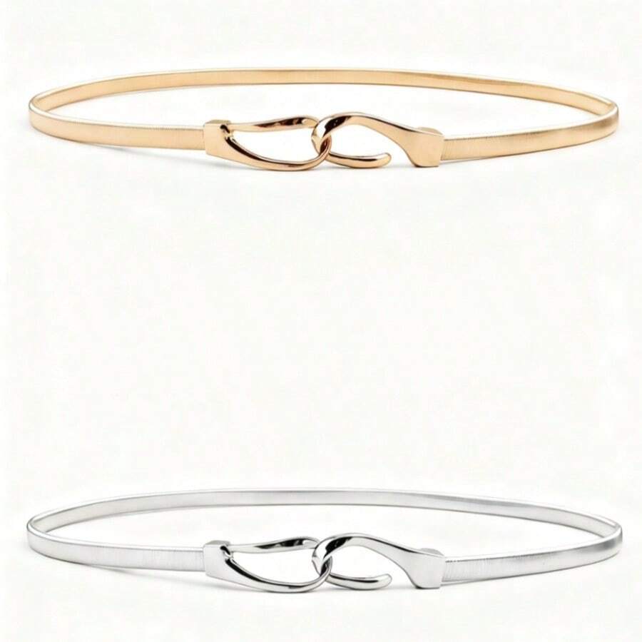 2pcs Of Women's Versatile Fashion Thin Belt Dress Stretch Women's Belt Metallic Gold Women's Belt