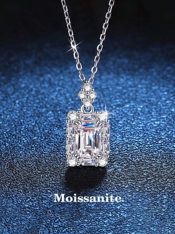 BLOVEMEE 1pc Elegant Luxury 925 Sterling Silver 1ct 5x7mm Emerald Cut Moissanite Necklace, Suitable For Women's Daily Wear, Party, Holiday, Valentine's Day, Christmas, Wedding Anniversary, Shiny Jewelry Gift For Her