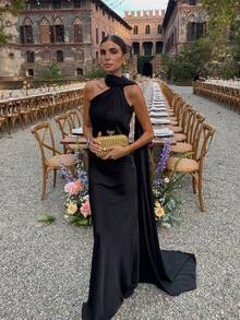 Basrey 新款优雅女士纯色吊带纽扣高腰缎面露背收腰派对长裙，适合婚礼、晚宴、约会和其他场合。 - 黑色 - 查看 11