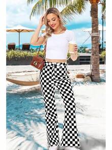 Womens High Waisted Plaid Bell Bottom Jeans Stretch Checkered Flare Denim Panthalloween - 黑色格子 - 查看 9