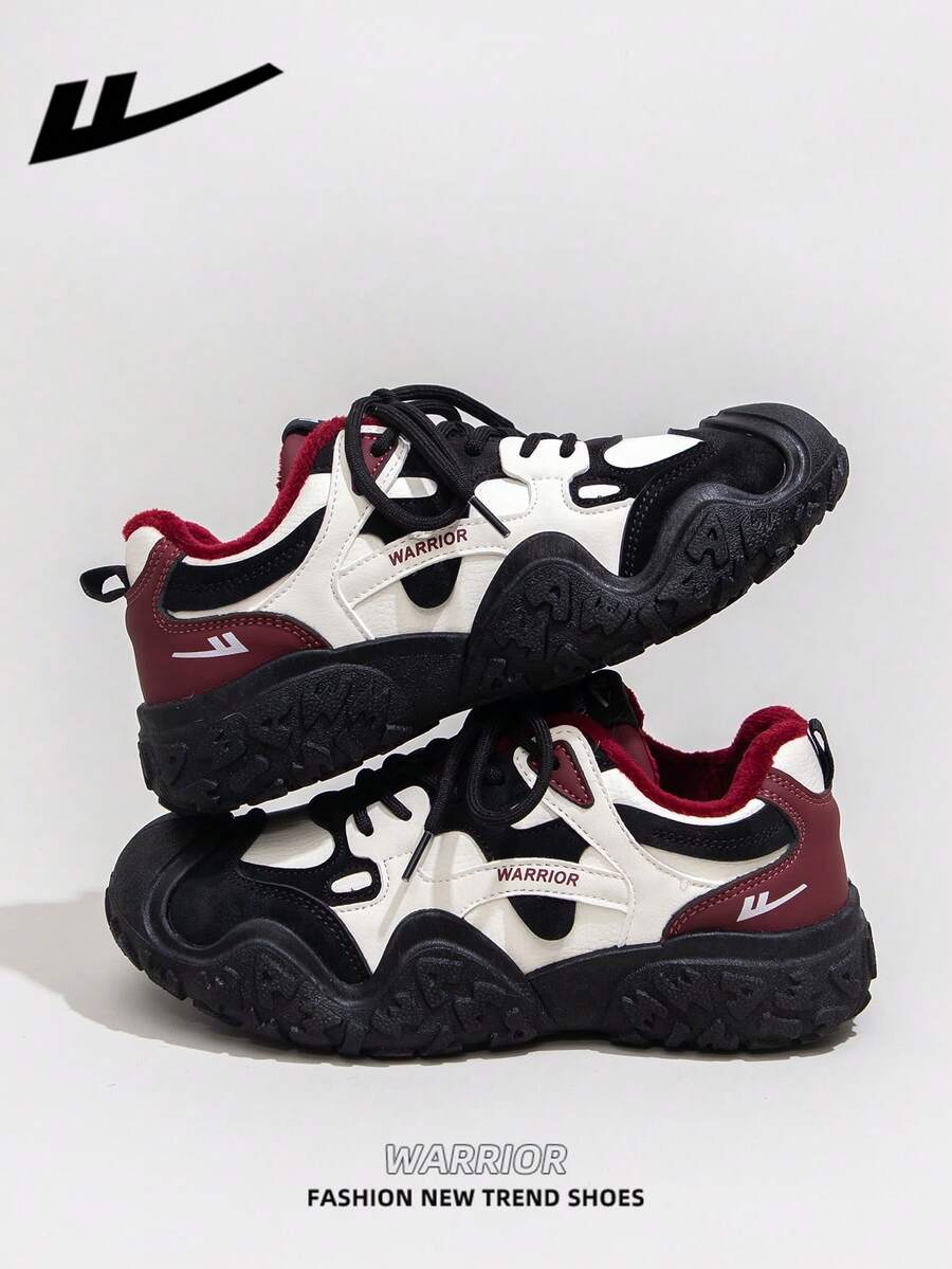 1双 WARRIOR 女式休闲滑板鞋，系带设计，厚底，增高，低帮，户外平底滑板鞋，温暖休闲，适合秋冬季。现代设计女式厚底厚底运动鞋，经典款式，复古细节，舒适时尚。拼接材质设计，适合学生。