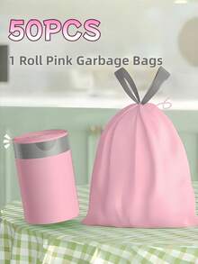1Roll(50pcs) Drawstring Trash Bags, Pink Garbage Bags 13 Gallon,50 Pack Pink Garbage Bags, Heavy-Duty Leak And Tear Resistant, Quick-Tie Closure For Easy Use, Thickened Plastic For Kitchen, Bathroom, Office, Car, Travel, Camping, Garage, Small Bin Liners - 粉色 - 查看 3