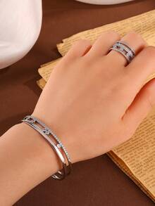 rakol 2pcs Shiny Minimalist Gold-Color Circular Bangle & Ring Set, Suitable For Daily Wear, Women Gifts - Style 3 - View 7