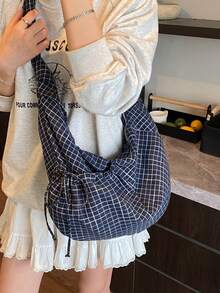 日式格子单肩包，时尚褶皱蝴蝶结拉链斜挎包，学生/大学生轻便可折叠布包，适合购物、日常通勤，新月包 - 彩色 - 查看 4