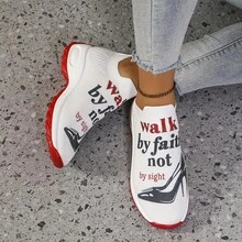 Ladies' Breathable Knitted Sports Shoes With Stable Support - Soft EVA Sole, All - Season Casual Shoes. White With Black And Red Accents And "Walk By Faith" High - Heel Pattern Design. Ladies' Comfortable Shock - Absorbing Shoes - 紅色 - 查看 2