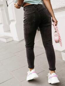 Women's Skinny Jeans With Stretch, Pockets, Comfortable, Button-Down Design, Simple And Suitable For Everyday Wear. - dorong ke atas abu-abu gelap - View 3