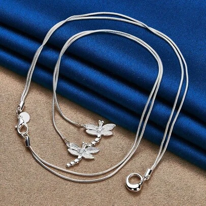 1pc 18 Inches Charm 925 Silver Plated Exquisite Tassel Dragonfly Necklace For Fashion Women Charm Wedding Party Gift Jewelry