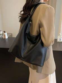 复古荔枝纹大容量休闲单肩托特包，拼接纯色女手提包，优雅百搭通勤托特包 - 黑色 - 查看 5