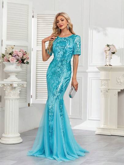CEILIM Elegant Party Romantic Sequin Dress With Short Sleeves, Round Neck, Mermaid Hem, Featuring Tulle, Noble And Luxurious Evening Gown