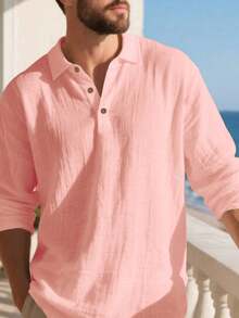 Men's Lightweight Linen Long Sleeve Polo Shirt, Half-Zip Button Design, Breathable And Comfortable, Suitable For Beach, Outdoor Activities, Family Gatherings (Note: White, Light Blue, Etc. Colors Are Slightly Sheer; European And American Sizes Run Large, Recommend Ordering One Size Down) - Baby Pink - View 5