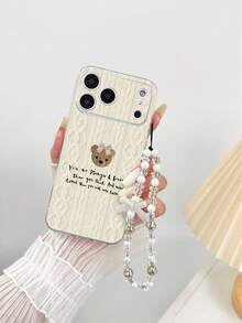 Shockproof Faux Pearl Elements 1pc Perforated High Transparency Sweater Knit Butterfly & Bear Painted Thick Anti-Drop Painted Phone Case Protective Cover With Handmade Beaded Bracelet Accessory, Compatible With IPhone, Compatible With Galaxy, Compatible With Redmi Spring Easter Gift - Multicolor - View 2