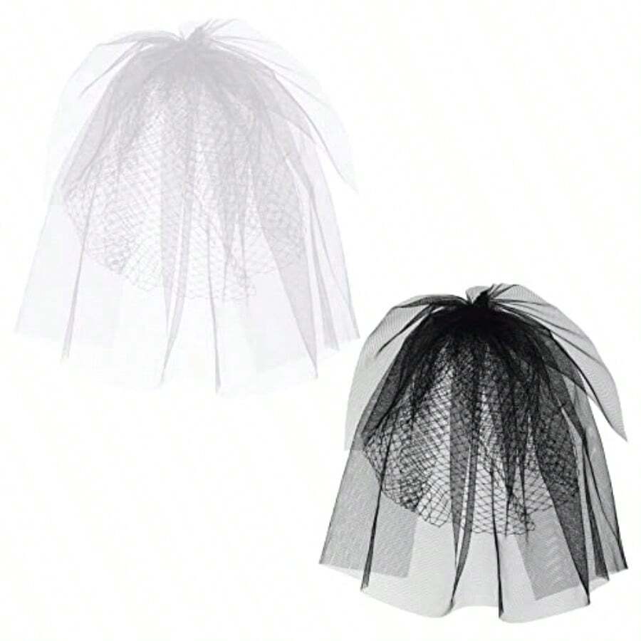 Sucrain 2pcs Women Mesh Veils Bridal Lace Birdcage Face Veils With Hair Clip For Halloween Wedding Party Gothic Costume Decorate Black White - 如圖 - 查看 1