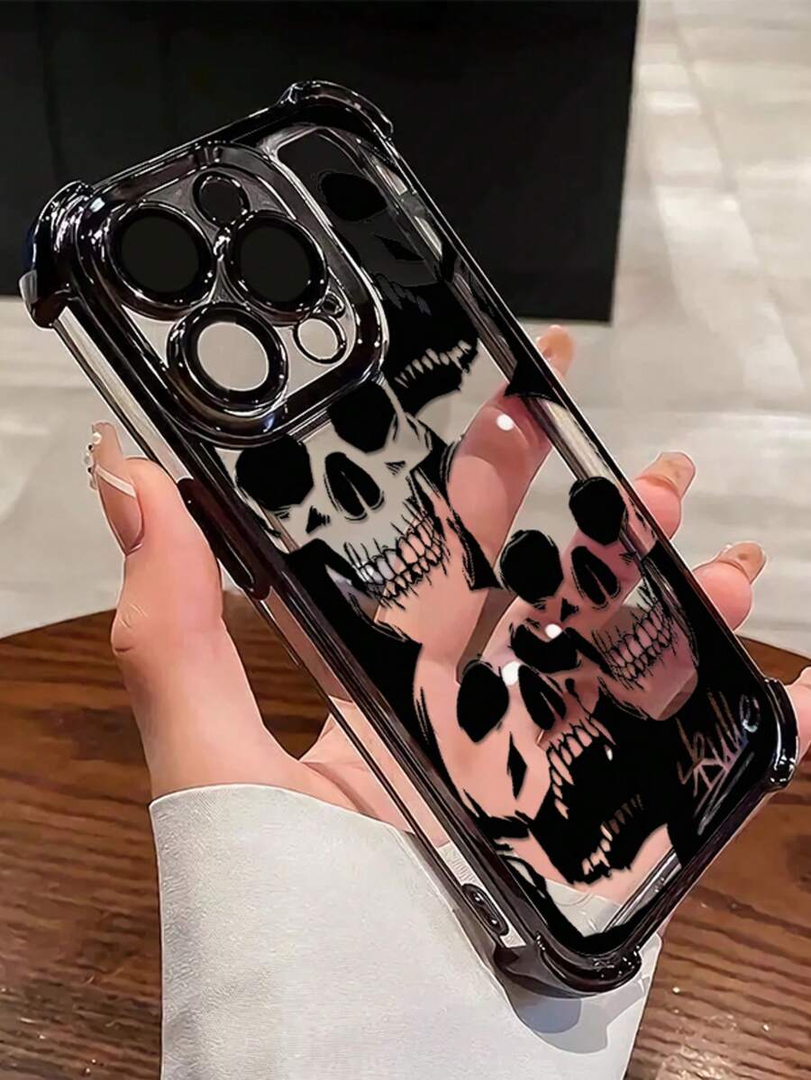 Creative Skull Head Pattern Compatible With Apple Phone 13/11/17/12/15/14/16/ProMax/Pro/Plus/Xs Max/XS/X,Anti Wear Transparent Soft Shell Four Corner Anti Fall Phone - màu đen - Xem 1