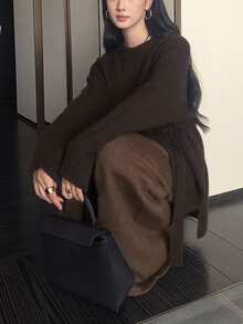 Alicedudu 女士优雅腰带设计长款套头衫，秋冬 - 深咖 - 查看 4