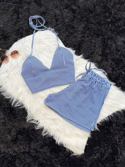 CONJUNTO 2 PEÇAS SHORTS E CROPPED DUNA LISTRADO MODA FASHION THEND