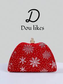 1pc Red Christmas Clutch Bag With Snowflake Flower Clasp Design, Elegant Evening Handbag Suitable For Christmas Party, Formal Occasions, Weddings, Galas And Celebrations