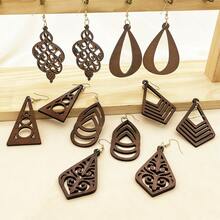 6pairs Bohemian Style Wooden Hollow Earrings, Geometric Teardrop Triangle Design Dangle Earrings, Suitable For Daily Wear, Women's Jewelry For Holidays And Parties, Lightweight Suitable For Autumn/Winter - Brown - View 6