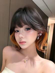 Wig Bob Pendek Keriting 12 Inci dengan Sorotan Cokelat Oranye untuk Wanita - Wig Keriting Modis dengan Poni, Wig Serat Sintetis Lembut, Halus, dan Tahan Panas untuk Penggunaan Sehari-hari, Sempurna untuk Liburan, Festival Musik, Perayaan, Perayaan Sakura, Hadiah Wisuda & Hadiah Aksesori Wig untuk Teman - Coklat - View 3