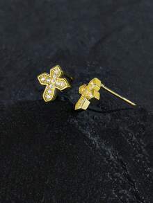 1 Pair/2pcs Punk Style Rhinestone Shield Stud Earrings, Geometric Cubic Zirconia Copper Plated, Unisex Fashion Earrings For Daily Wear And Parties, Suitable As Valentine's Day Or New Year Gift - Multicolor - View 15