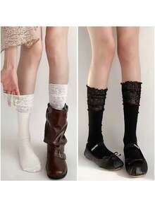 Women's Solid Color Calf Socks With Lace Trim, Layered Ballet Style, Thin For Spring/Summer, Suitable For Tall Boots - Multicolor - View 3