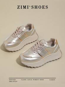 1 Pair Women's Round Toe Thick Sole Casual Sneakers, Gold/Silver Gump Style Lace-Up Outdoor Shoes, Suitable For Running, Hiking, All Seasons - Gold - View 3