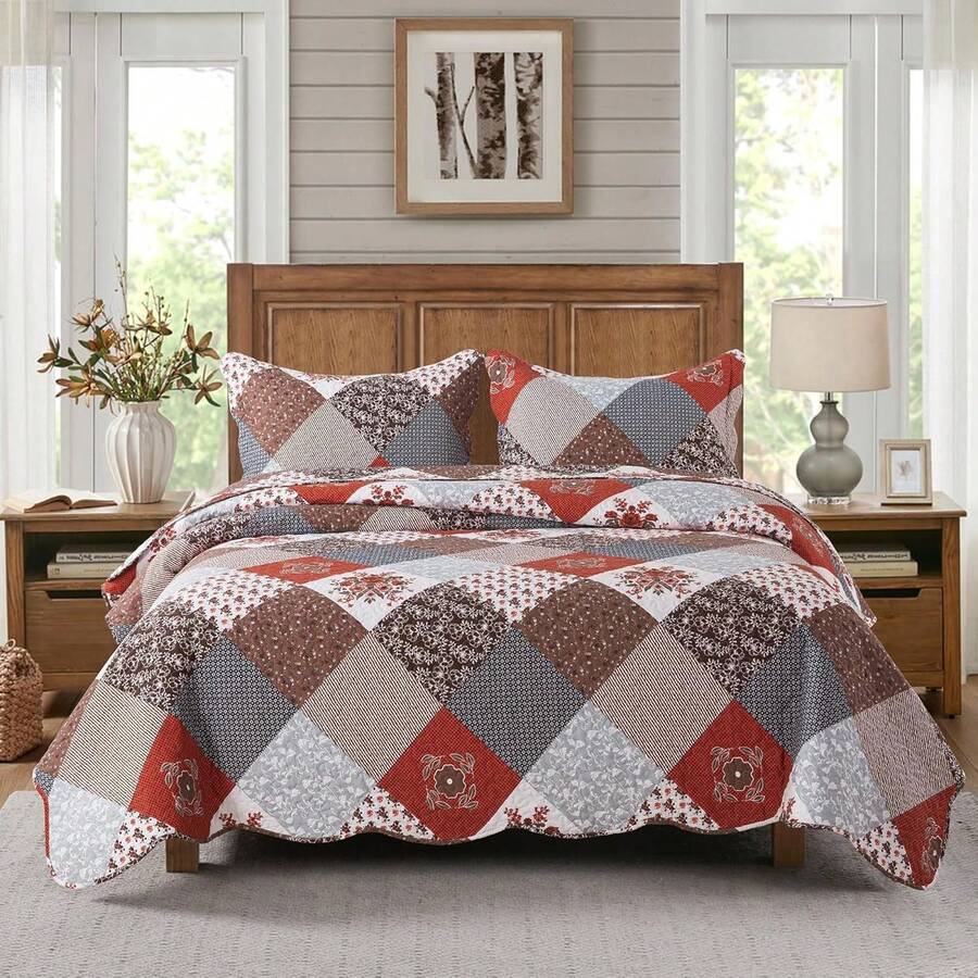 Twin Quilt Bedding Set - Lightweight Bedspreads, 2-Piece Microfiber Reversible Coverlets, Retro Bed Cover, Twin Size All Season Quilts - Grey - 莧菜紅 - 查看 1