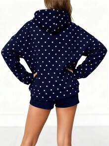 Women Polka Dot Hoodie Oversized Long Sleeve Drop Shoulder Hooded Pullover Sweatshirt Aesthetic Y2k Hoodies - 藏蓝色 - 查看 7