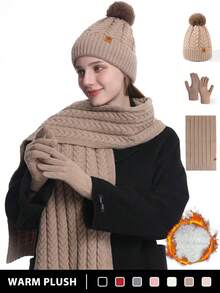 1-3pcs/Set Women's Winter Knitted Beanie Scarf Touchscreen Gloves Set, Thick Lined, Striped, Textured, Pompom Decor, Suitable For Skiing, Travel, Driving, Gifts Halloween Winter Accessories Halloween Decor