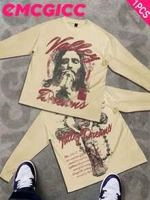 Manfinity Y2k Long Sleeve Shirts ,Graphic T Shirt Cotton 250g,Fashionable Hip-Hop For Men -  Long Sleeve T-Shirts, Funny Vintage Shirts,Regular Fit, Street Style, Digital Print,  Ideal Gift - 米色 - 查看 1