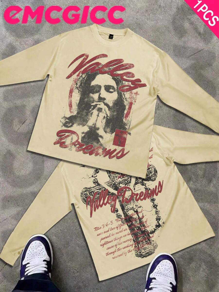 Manfinity Y2k Long Sleeve Shirts ,Graphic T Shirt Cotton 250g,Fashionable Hip-Hop For Men -  Long Sleeve T-Shirts, Funny Vintage Shirts,Regular Fit, Street Style, Digital Print,  Ideal Gift - 米色 - 查看 1