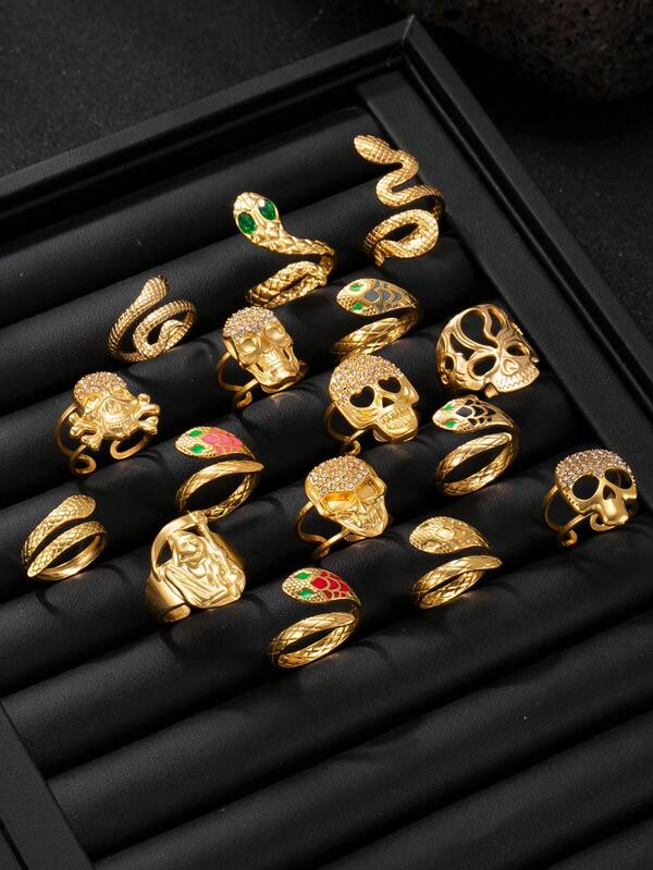 Conjunto de anéis de aço inoxidável dourados 3/6/9/12/15 peças, estilo gótico, sortimento aleatório, incluindo anéis de cobra coloridos, anéis de caveira com zircônia cúbica, presente adequado para namorado/marido, essencial para o Halloween, hip-hop