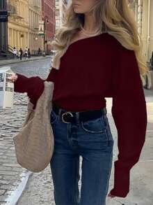 Women's Solid Off Shoulder Knit Blouse, Fall Winter Slim Cropped Sweater - Burgundy - View 4