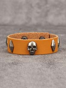 1 pieza Brazalete vintage estilo punk rock con calavera, brazalete de PU personalizado unisex para moda y actuaciones, regalo de Halloween, accesorio diario