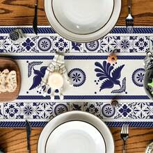 [Muertos Mexican Table Runner] 1pc, Muertos Mexican Table Runner, Heat Insulation Table Pads, Blue Patchwork Tiles Kitchen Dining Table Decoration For Home, Party Decor - 彩色 - 查看 3
