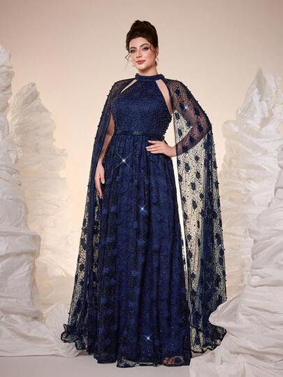 Mgiacy,New Arrival,High Neck,Sequin,Modest,Plus Size Ball Dress,Embroidery,Pearls Beaded,Cloak,Belt, Hollow Out,Chiffon,FOR,Guest Dress,Party Dress,Wedding Guest Dress, Evening Dress