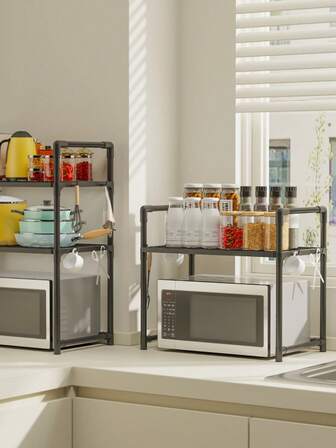 1/2 层微波炉架，带菱形网格，适用于微波炉和烤面包机，耐用的塑料/金属结构，节省空间的台面设计，带手柄和挂钩，厨房电器收纳整理器，现代厨房配件