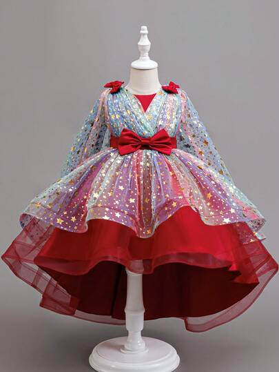 Girls' Sleeveless Sparkly Star Puff Dress, Short Front Long Back Princess Dress, Suitable For Holidays, Parties, Graduation Ceremonies
