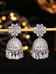 1 对锆石耳钉，优雅花卉创意 Jhumki 设计，适合男士和女士日常佩戴、节日、婚礼和派对/珠宝礼物 - Classic - 查看 2