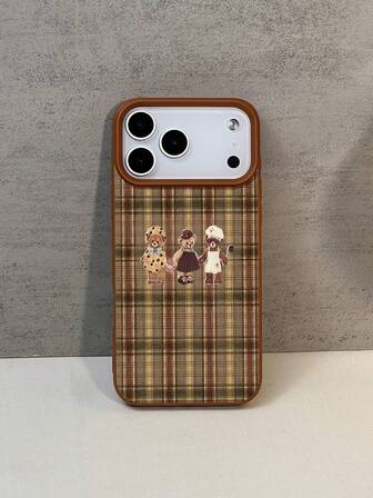 1pc Fashionable Personalized Brown Plaid Three Bears Pattern Waterproof Shockproof Anti-Slip Litchi Texture Soft Phone Case, Suitable As Birthday, Holiday Gift For Friends, Family, Couples, Compatible With Apple, Phones