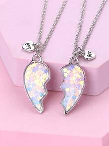 2 piezas/set Mejor amigo Colgante de collar con corazón partido para BFFs y parejas, accesorios de joyería para fiesta, regalo de para siempre, accesorios de joyería para fiesta, collar popular de geometría ajustable para parejas - Unitalla - Ver 1