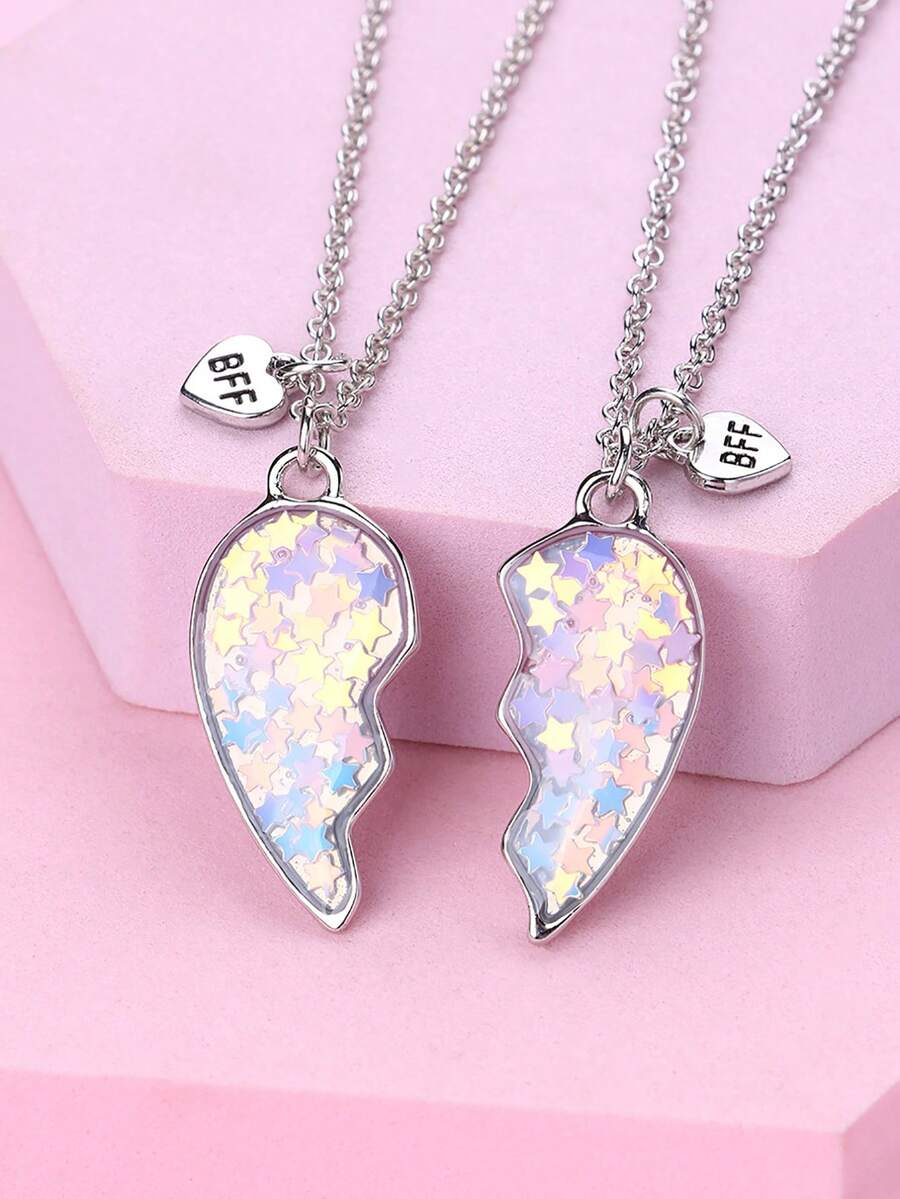 2 piezas/set Mejor amigo Colgante de collar con corazón partido para BFFs y parejas, accesorios de joyería para fiesta, regalo de para siempre, accesorios de joyería para fiesta, collar popular de geometría ajustable para parejas - Unitalla - Ver 1