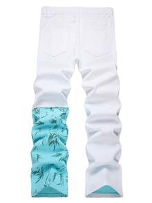 MICKASON Men's Ripped Relaxed Straight-Leg Regular Fit Distressed Jeans. Streetwear-Inspired Aesthetic, Vintage Charm, Nostalgic Vibe, Relaxed Fit. Two-Tone Patchwork Design Blends White And Light Green, Accented With Bamboo Leaf Print-Perfect For All Seasons. Effortlessly Transitions From Evening Dates And Business Meetings To Holiday Parties And Outdoor Adventures. - 白綠色 - 查看 2