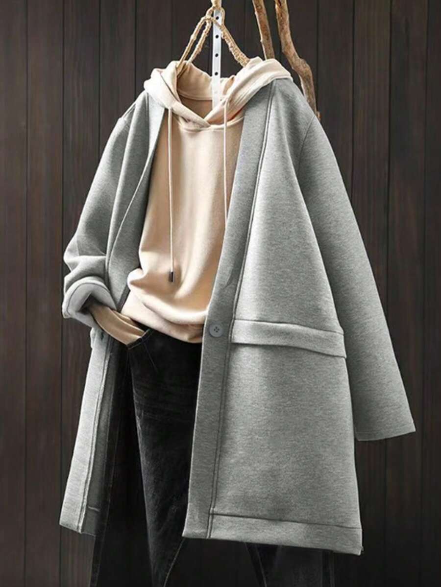 Chaqueta con capucha casual de mujer de unicolor con bolsillo delantero y botones, abrigo de tela de punto de talla grande, diseño de botones y bolsillos, longitud regular, manga larga, corte holgado, cuello con capucha cómodo, textura suave, ligeramente elástica, ropa exterior para mujer