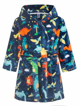 男の子用フランネル厚手フード付きローブ、恐竜プリント、ソフトで快適なルームウェア、入浴後に最適、秋冬向け