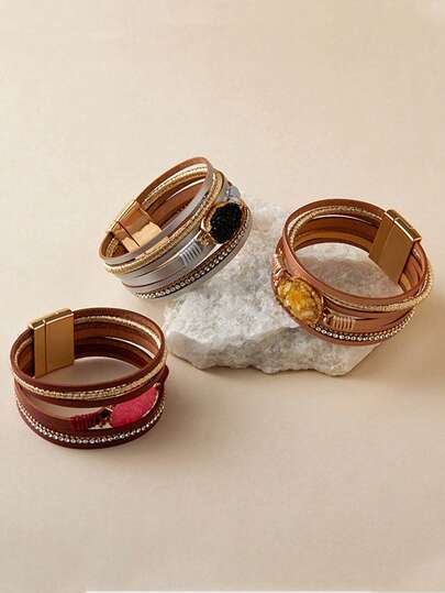 Women's Bohemian Bracelet, PU Leather Fashionable Crystal Stone Design, Suitable For Friends To Give Gifts, Commuting To Match Clothing, Christmas And New Year Gifts