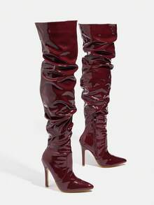 Fall/Winter Square Toe Chunky Heeled Classic Boots, White Elegant Solid Classic Boots,Perfect With Hoodies/Sweaters,Perfect With Hoodies,Sexy,Women Boots,Fashionable Women's Long Boots, Pleated Long Boots, Pleated Leather Boots, Pleated Pointed Over-The-Knee Boots, Pointed Long Boots, Millennial Style Women's Leather Boots, Y2K Women's Party Boots, Halloween, Christmas, Autumn And Winter Long Boots, Plus Size Women's Boots,Women's Stiletto Heel Over-The-Knee Pleated Boots. Women's Knee-High Boots, Women's Over-The-Knee Boots - 酒紅色 - 查看 4