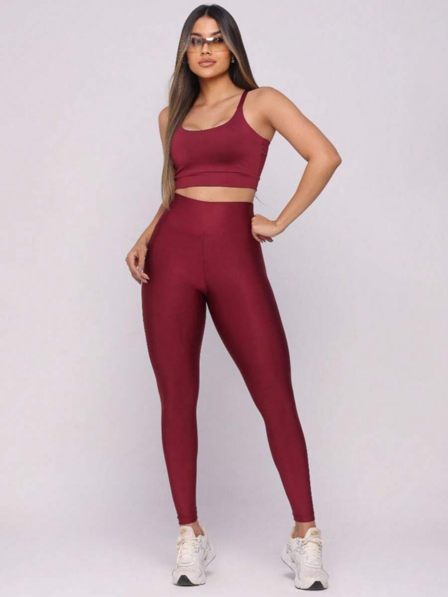 Premium Suplex Fitness Set With Pants And Non-Transparent Cup Top, Fitness Gym Clothing Kit, High Compression Leggings - 所有瑪薩拉酒 - 查看 1