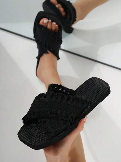 Women's Summer Slippers, Bohemian Tassel Criss-Cross Strap Flat Sandals, Beach Vacation Travel Casual Square Toe Slip-On Black Slides