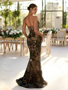 Astony One 新款优雅成熟性感蕾丝拼接拉链晚礼服，镂空透视高开衩设计，适合毕业典礼、新年派对、豪华晚宴、生日派对和舞会等场合。 - 黑色 - 查看 2