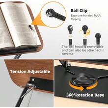Book Stand For Reading Adjustable Book Holder With 360° Rotating Bases Foldable Designs And Elastic Clips Multifunctional Display Stand For Recipe Cookbooks Magazines Tablets Laptops - DarkWood - View 5